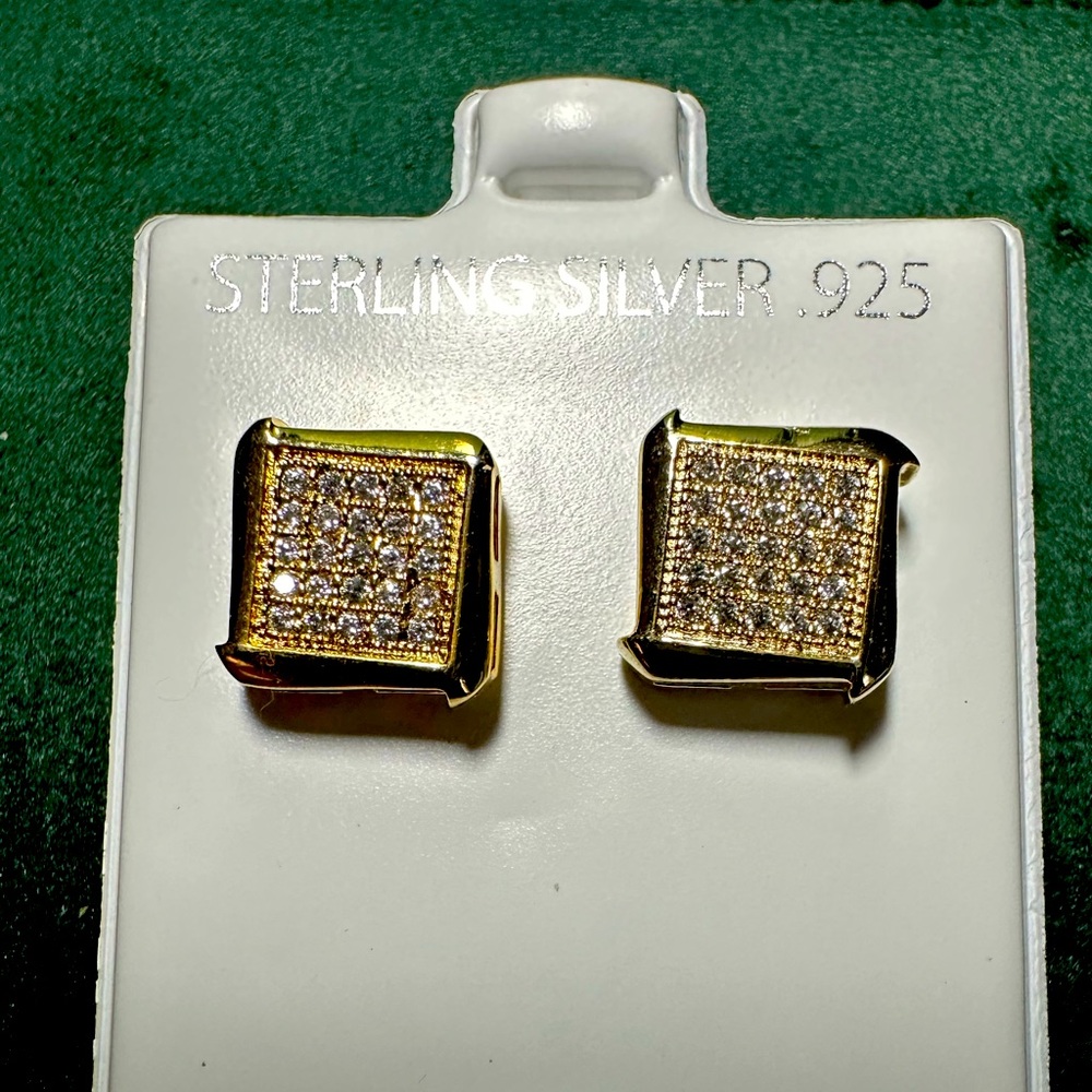 Gold over Sterling Silver Square CZ bling Earrings